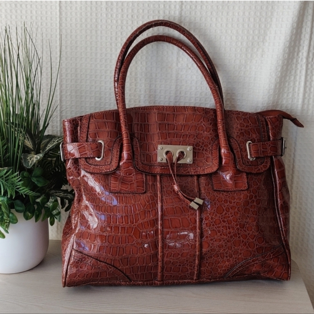 New York & Co. Cognac Brown  Patent Crocodile stamp Print Handbag